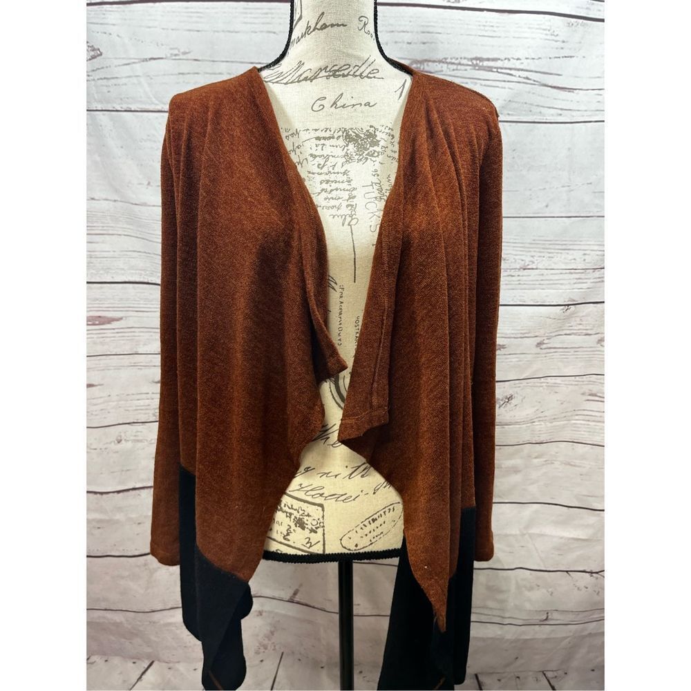 Rafaella Womens Rust Brown Black Colorblock Draped Open Front Cardigan Size M